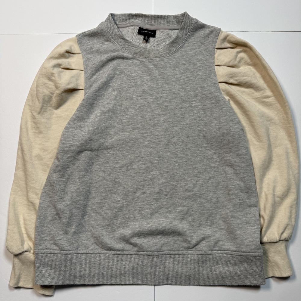 Who What Wear Sweatshirt Womens Small Gray Cream Puff Sleeve Pullover‎ Top